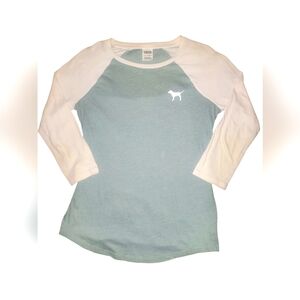 ☆VICTORIAS SECRET PINK Blue & White Baseball Raglan logo Tee - Womens Xsmall
